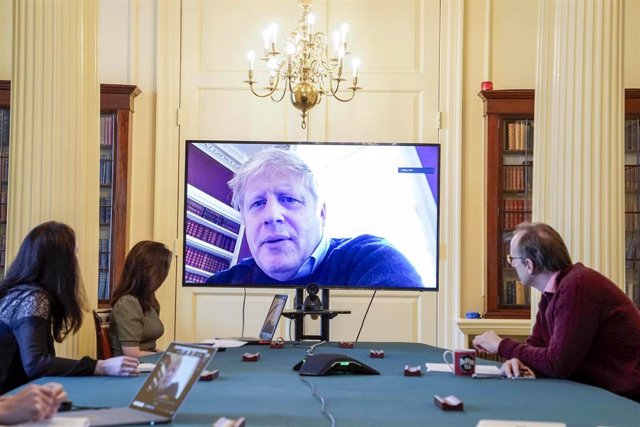 HANDOUT - 28 March 2020, England, London: British Prime Minister Boris Johnson chairs the morning update meeting on the coronavirus (COVID-19) remotely from No11 Downing Street, after self isolating after testing positive for the coronavirus. Photo: Andre