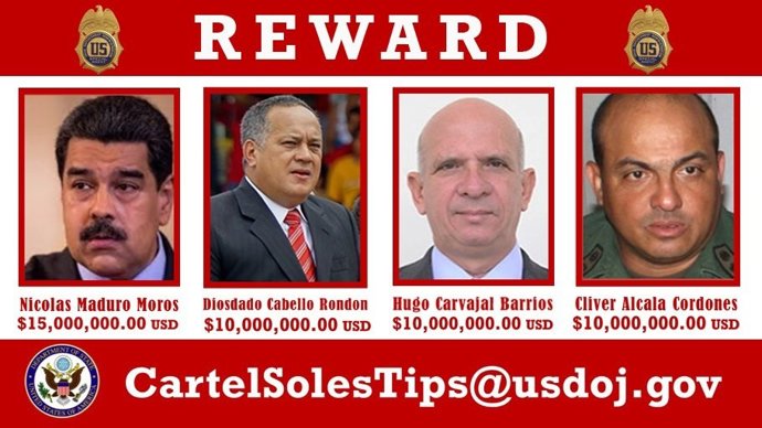 Cartel de la DEA de buscados por narcotráfico que incluye a Nicolás Maduro, Diosdado Cabello, Hugo Carvajal y Clíver Alcalá