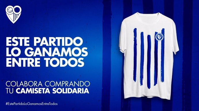 Cartel anunciador de la camiseta solidaria del Málaga para la lucha contra el coronavirus