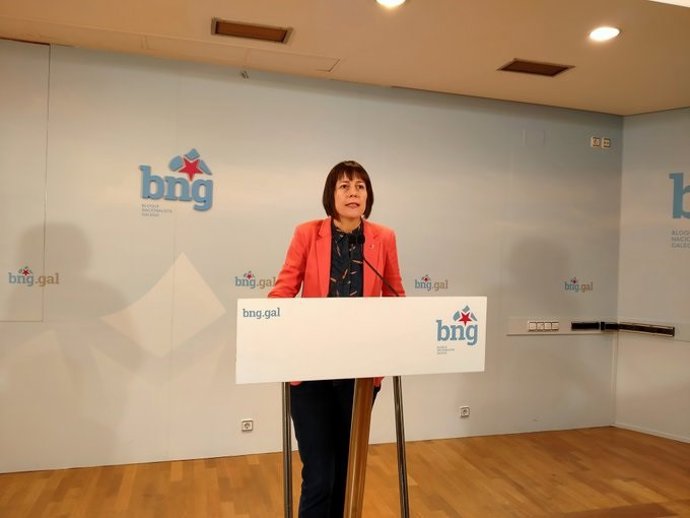 La portavoz nacional del BNG, Ana Pontón, en rueda de prensa tras reunirse con la Executiva Nacional este lunes 30 de marzo, para hacer seguimiento por la crisis del covid-19