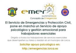 Ayuntamiento de Lorca pone en marcha un servicio de apoyo psicológico y gestión emocional dirigido a trabajadores de servicios esenciales que luchan contra en coronavirus