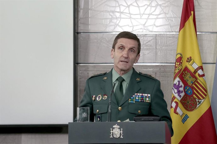 El jefe del Estado Mayor de la Guardia Civil, José Manuel Santiago Marín, en una rueda de prensa en Moncloa por el Covid-19
