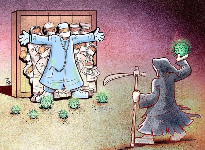 Las ilustraciones del artista iraní Alireza Pakdel muestra el esfuerzo de los sanitarios en la lucha contra el Covid-19