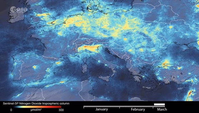 Mapa de Europa, donde se aprecian las emisiones de dióxido de nitrógeno en Europa