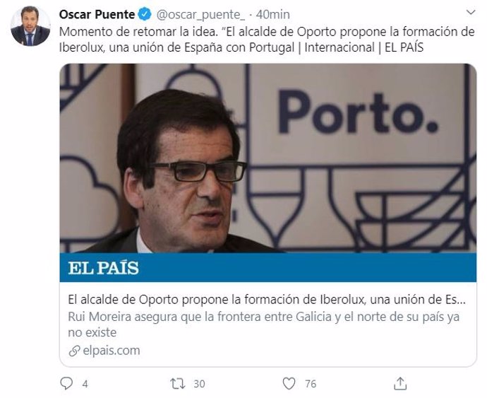 Tuit del alcalde de Valladolid, Óscar Puente, en el que respalda la propuesta de la unión ibérica.