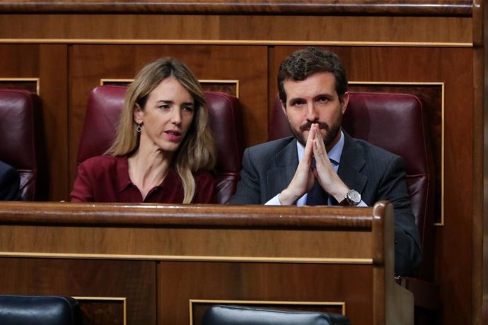 El presidente del PP, Pablo Casado, y la portavoz del Partido Popular en el Congreso, Cayetana Álvarez de Toledo, durante el de investidura del candidato socialista a la Presidencia de Gobierno, Pedro Sánchez. Madrid, a 5 de enero de 2020.