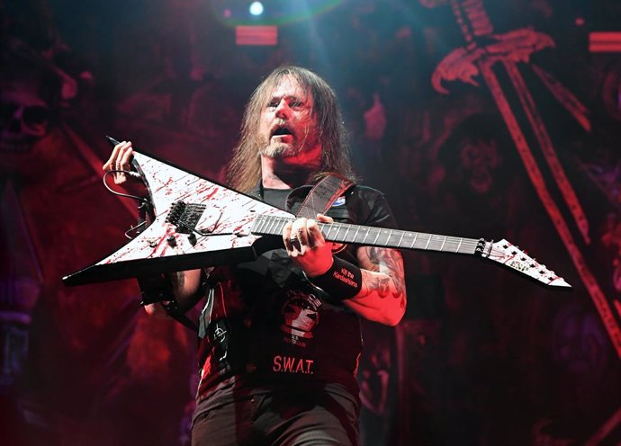 Guitarist Gary Holt of Slayer performs during a stop of the band's Final World Tour at MGM Grand Garden Arena on November 27, 2019 in Las Vegas, Nevada.