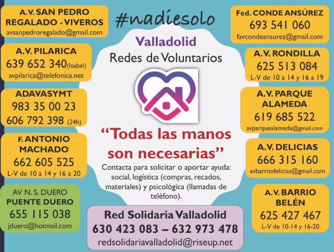 Cartel con los teléfonos de entidades que prestan ayuda voluntaria a quien lo necesite en Valladolid.