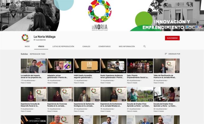 Canal de YouTube de La Noria de la Diputación de Málaga con vídeos sobre emprendimiento social