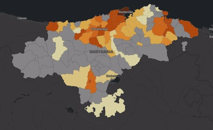 Mapa de casos de coronavirus en Cantabria