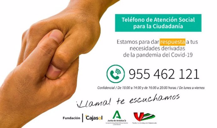 Imagen del teléfono de atención social ante el coronavirus puesto en marcha por la Plataforma Andaluza de Voluntariado, Fundación Cajasol y Consejería de Igualdad. 