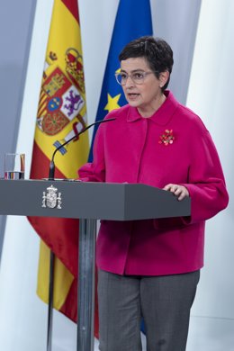 La ministra d'Exteriors, Arancha González Laya, en roda de premsa telemtica al palau de La Moncloa.