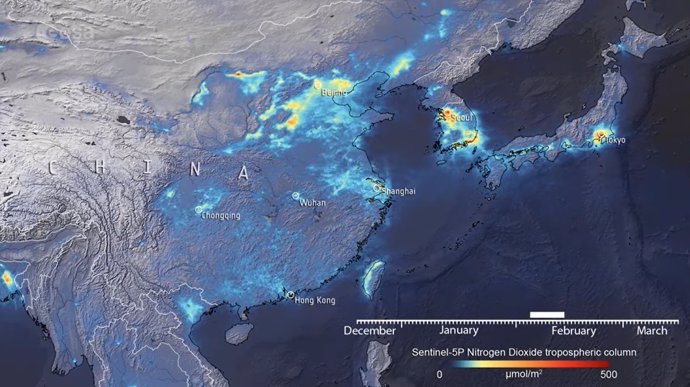 Niveles de contaminación en China por dióxido de nitrógeno durante el periodo de confinamiento de la población por el Covid-19. Animación a partir de datos del satélite Copernicus de la ESA
