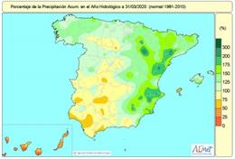 Balance de lluvias acumuladas en España en el primer semestre del año hidrológico (1 de octubre de 2019 a 31 de marzo de 2020)