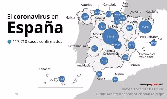 Mapa con casos de coronavirus a 3 de abril de 2020