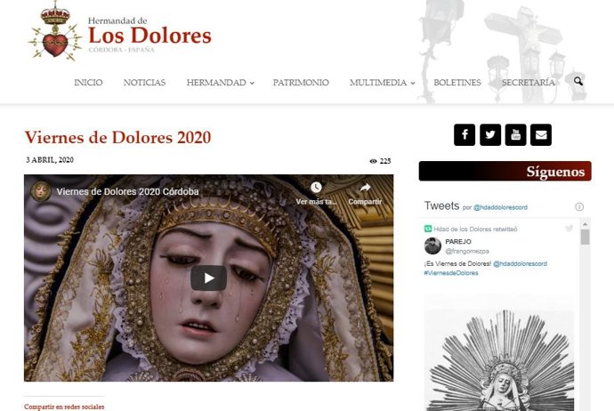 Web de la Hermandad de los Dolores de Córdoba en la que se ha colgado el vídeo especial.