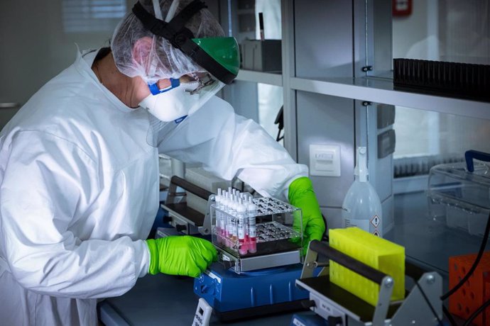 Un trabajador de un laboratorio prepara muestras para su análisis durante la crisis de coronavirus.