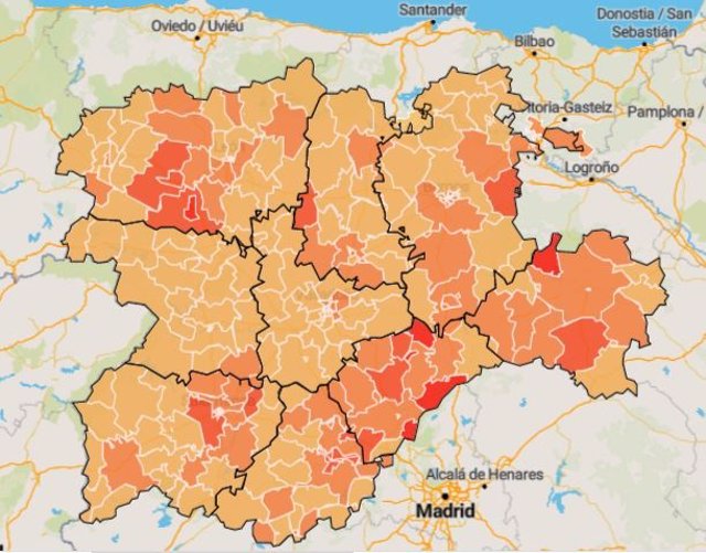 Mapa de afección acumulada del coronavirus por zonas básicas de salud en Castilla y León.