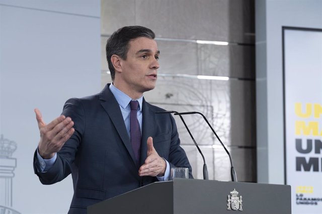 El presidente del Gobierno, Pedro Sánchez, en la comparecencia donde ha confirmado su intención de solicitar al Congreso de los Diputados una nueva prórroga del estado de alarma hasta el próximo 26 de abril