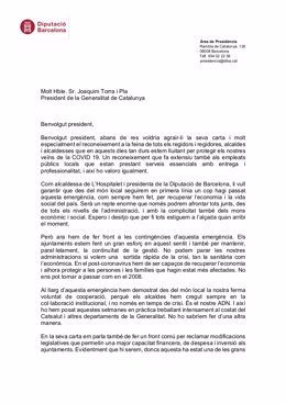 Carta (primera página) de la presidenta de la Diputación de Barcelona, Núria Marín, al presidente de la Generalitat, Quim Torra, sobre el coronavirus, el 5 de abril de 2020