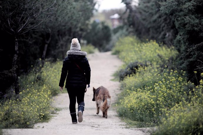 Una mujer pasea a su perro el día en el que entra en vigor la limitación total de movimientos salvo de los trabajadores de actividades esenciales, medida adoptada ayer por el Gobierno como prevención del coronavirus, en Madrid a 30 de marzo de 2020.