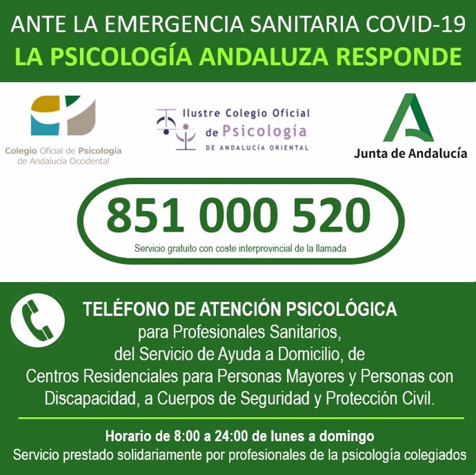 Colegios de Psicología de Andalubía habilitan un teléfono de atención para profesionales en primera líneas contra el Covid