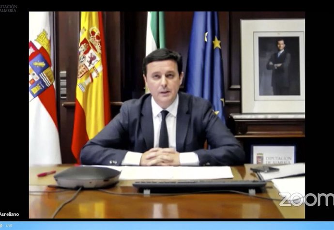 El presidente de la Diputación de Almería, Javier Aureliano García, interviene en el Pleno a través de videoconferencia