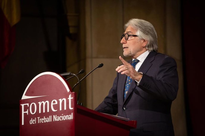 El presidente de Foment de Treball, Josep Sánchez Llibre, durante su intervención en la Asamblea General de la patronal catalana, en Barcelona/Catalunya a 13 de enero de 2020.