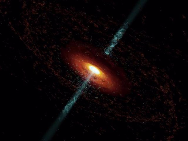 Impresión artística de un blázar, una fuente de energía muy compacta y muy variable asociada con un agujero negro supermasivo