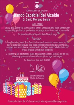 El alcalde de la localidad valenciana de Sagunto, Darío Moreno, ha dictado un bando especial para celebrar una futura macrofiesta de cumpleaños cuando pase la Covid-19