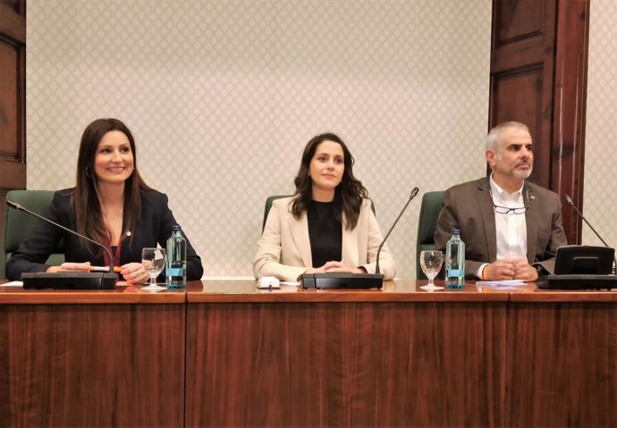 Lorena Roldán,  Inés Arrimadas i Carlos Carrizosa (Cs) en una reunió en el Parlament, a Barcelona, el 10 de gener de 2020.
