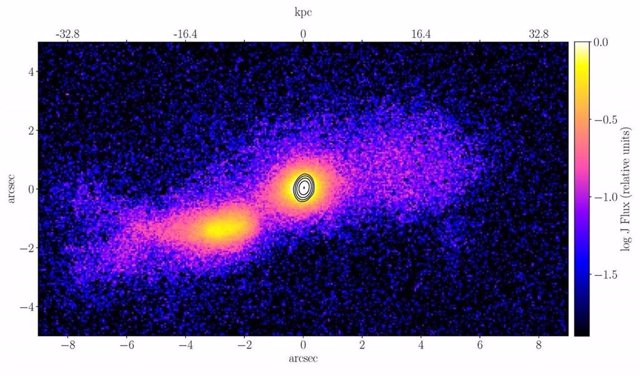 Colisión de las dos galaxias espirales que producen un chorro relativista en el centro de la que aparece a la derecha