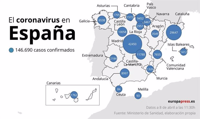 Mapa con casos de coronavirus en España a 8 de abril a las 11:30
