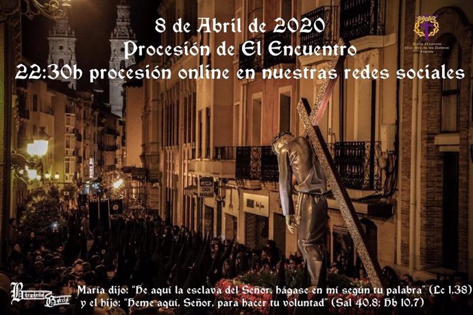 La Procesión del Encuentro de Logroño se podrá seguir online en este Miercoles Santo, en el que, en cambio, no se podrá celebrar la Limpieza del Cristo, por la pandemia del COVID-19