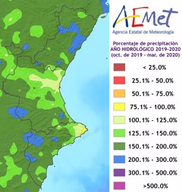 Promedio de lluvia en la Comunitat Valenciana en el año hidrológico 2019-2020