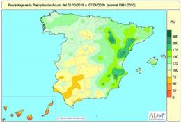 Mapa de distribución de lluvias acumuladas en España desde el 1 de octubre de 2019 hasta el 7 de abril de 2020