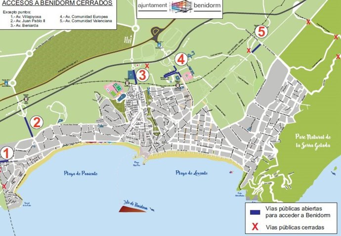 Los puntos de acceso cerrados y abiertos de acceso a Benidorm.