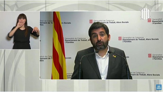 Captura de pantalla de la roda de premsa telemtica del conseller de Treball, Assumptes Socials i Famílies, Chakir  El Homrani, aquest dimecres 8 d'abril del 2020