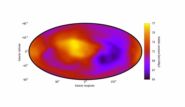 Un mapa que muestra la tasa de expansión del Universo en diferentes direcciones a través del cielo en base a los datos de XMM-Newton de la ESA, Chandra de la NASA y los observatorios de rayos X ROSAT dirigidos por Alemania