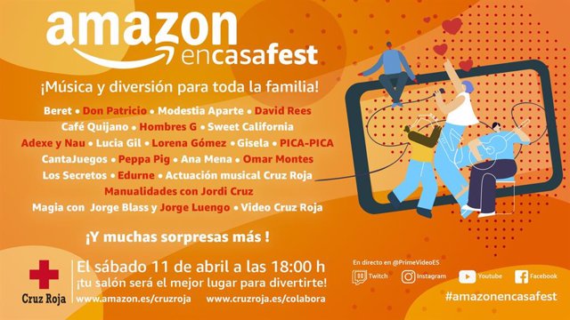 Cartell concerto online d'Amazon, #AmazonEnCasaFest, en benefici de Creu Vermella pel coronavirus, el dissabte 11/3/20