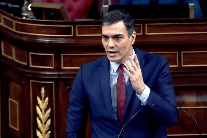 09 April 2020, Spain, Madrid: Spain's Prime Minister, Pedro Sanchez speaks during his speech at a parliamentary session. Photo: Mariscal/EFE POOL/dpa