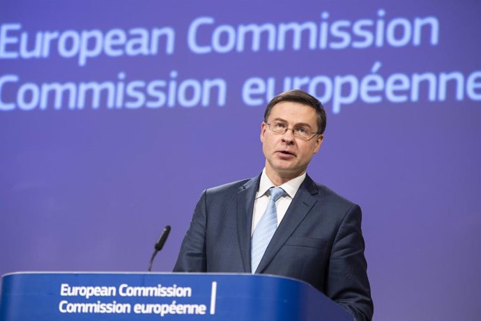 13 March 2020, Belgium, Brussels: Executive Vice-President of the European Commission in charge of an Economy that works for People Valdis Dombrovskis speaks at a press conference to present the economic response to the COVID-19 (coronavirus) crisis. Ph