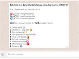 Imagen del bot de la Generalitat sobre el coronavirus.
