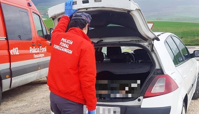 Policía Foral inspecciona el maletero de un coche en Sangüesa
