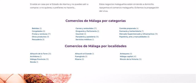 Página web que reúne a comercios de Málaga que realizan reparto a domicilio durante pandemia COVID-19