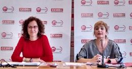 Imagen de archivo de una rueda de prensa de las secretarias generales de CCOO y UGT Andalucía, Nuria López y Carmen Castilla, respectivamente. 