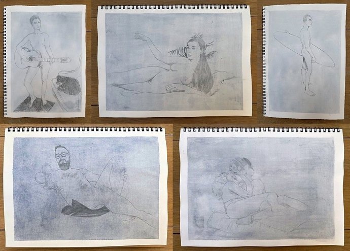 Retratos de desnudos elaborados por los artistas españoles Diego Omil y Dea Gómez (Los Bravú) en el proyecto '#nudesdecuarentena'.