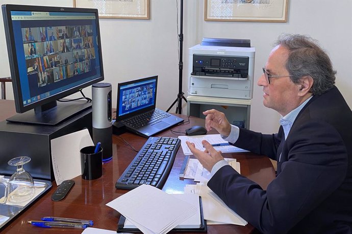El president de la Generalitat, Quim Torra, en la videoconferncia de presidents autonmics amb el president del Govern, Pedro Sánchez, a 12 d'abril de 2020.