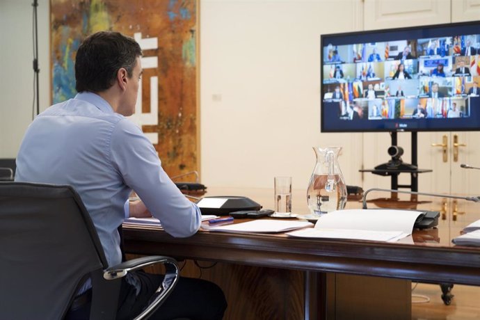 El presidente del Gobierno, Pedro Sánchez, se reúne con los presidentes de las Comunidades y Ciudades Autónomas por videoconferencia, en Madrid (España) a 12 de abril de 2020