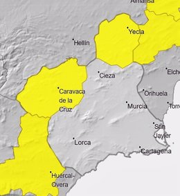 Imagen de las comarcas en las que estará activo el aviso amarillo
